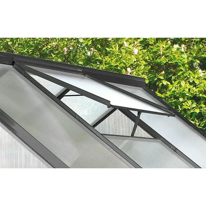 Vitavia Gewächshaus-Fensterrahmen - 74 x 55 x 4 cm, Schwarz, Passend für: Vitavia Gewächshäuser - Detailansicht eines Gewächshausfensters mit Polycarbonatplatten und schwarzem Rahmen, das teilweise geöffnet ist, vor grünem Hintergrund.