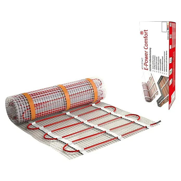 Admiral E-Power Calefacción por suelo radiante - L x An: 30 x 0,5 m, Superficie calefactable: 15 m², 2.250 W - Imagen de una esterilla de calefacción eléctrica para suelo radiante y su caja, confort y calidez.