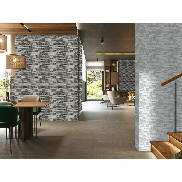 Verblendstein Durango Jet 8 - 50 x 33,3 cm, Graumix, Natursteinoptik - Ein stilvolles Interieur mit Wandverkleidung in Steinoptik, die dem Raum eine moderne und natürliche Ästhetik verleiht.