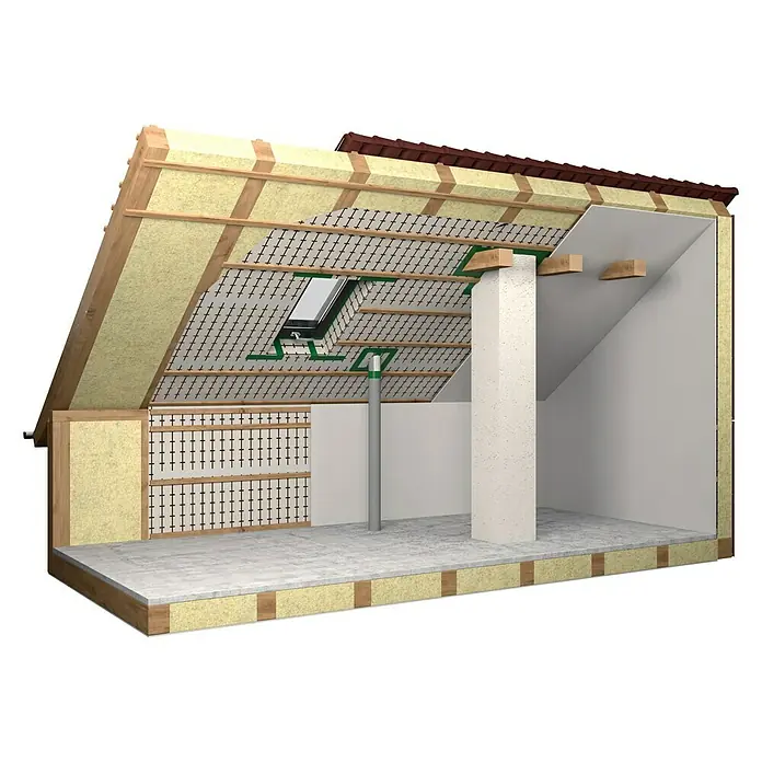 Probau Dampfbremsfolie - Volumen: 37,5 m², Stärke: 0,3 mm - Innenansicht eines Dachgeschosses mit Dämmung, Dachfenster und sichtbaren Sparren für eine energieeffiziente Bauweise.