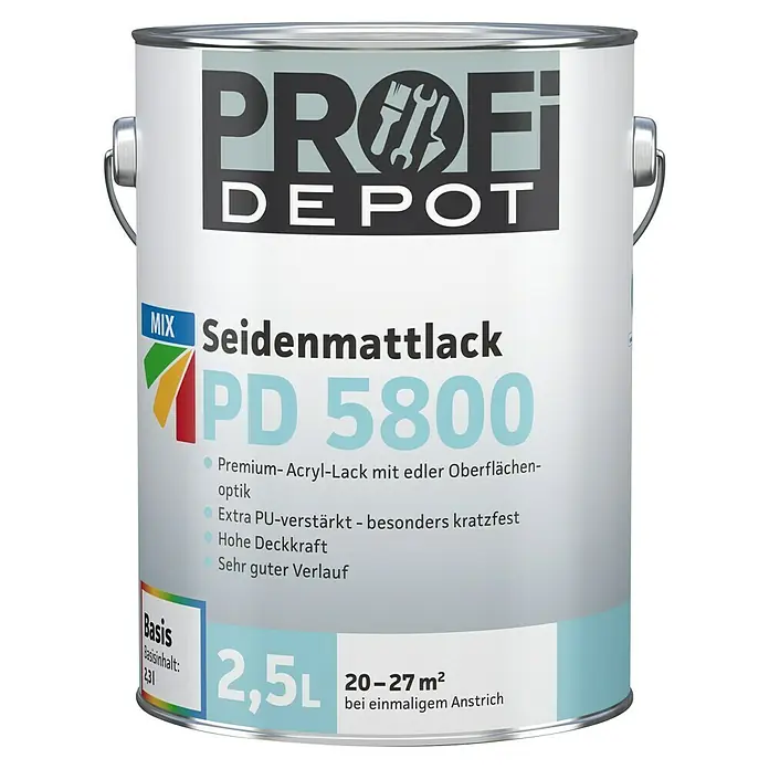 Profi Depot Mix Weißlack Seidenmattlack PD 5800 zum Mischen lassen - Basismischfarbe 1, 2,5 l, Seidenmatt - Ein Eimer Profi Depot PD 5800 Seidenmattlack, ein Premium-Acryl-Lack mit edler Oberfläche und einer Füllmenge von 2,5 Litern.