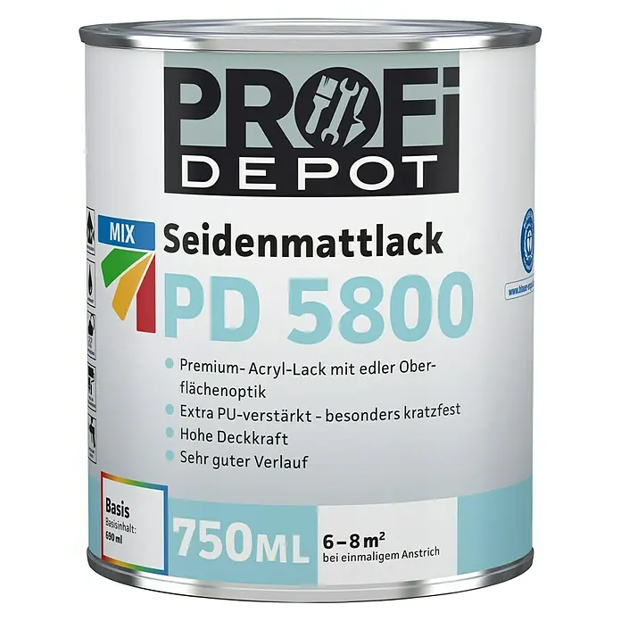 Profi Depot Mix Weißlack Seidenmattlack PD 5800 zum Mischen lassen - Basismischfarbe 1, 750 ml, Seidenmatt - Dose Profi Depot Seidenmattlack PD 5800, ein Premium-Acryl-Lack für edle Oberflächen, PU-verstärkt und kratzfest.