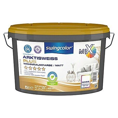 swingcolor Mix Wandfarbe Arktisweiß Plus (Basismischfarbe 2, 5 l, Matt, Konservierungsmittelfrei, Max. Anwendungsfläche: 35 m² - 45 m²)