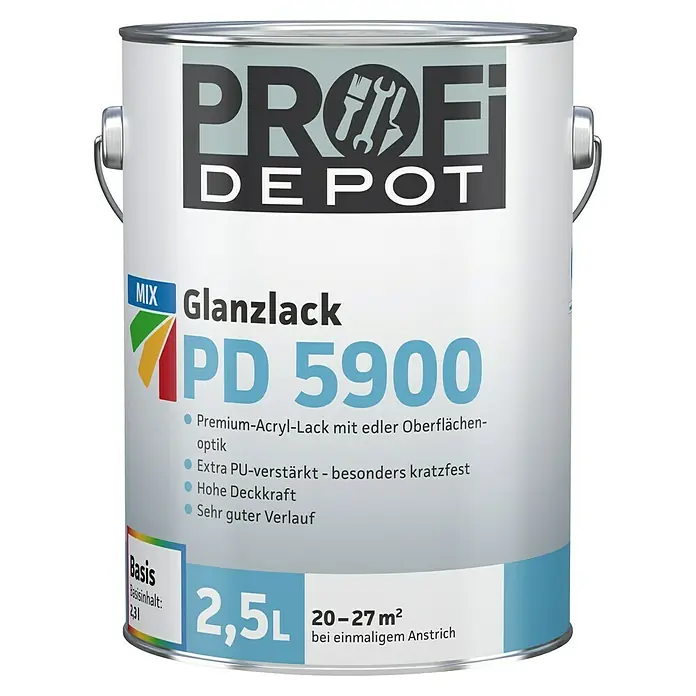 Profi Depot Mix Weißlack Glanzlack PD 5900 zum Mischen lassen - Basismischfarbe 1, Glänzend, 2,5 l, Wasserbasiert - Eine Dose Profi Depot Glanzlack PD 5900 mit 2,5L Inhalt. Ideal für hochwertige Acryl-Lackierungen mit edler Optik und hoher Deckkraft.