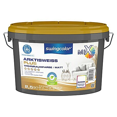 swingcolor Mix Wandfarbe Arktisweiß Plus (Basismischfarbe 4, 2,5 l, Matt, Konservierungsmittelfrei, Max. Anwendungsfläche: 17,5 m² - 22,5 m²)