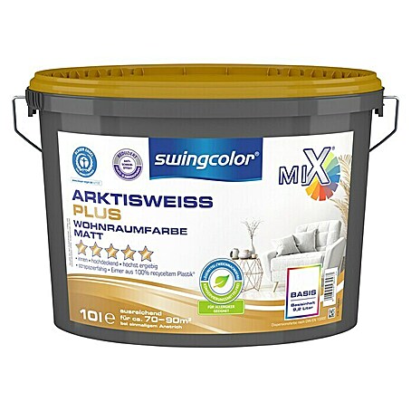 swingcolor Mix Wandfarbe Arktisweiß Plus (Basismischfarbe 4, 10 l, Matt, Konservierungsmittelfrei, Max. Anwendungsfläche: 70 m² - 90 m²)