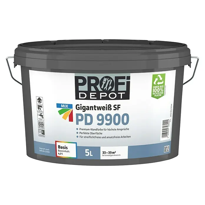 Profi Depot Mix Wandfarbe Gigantweiß SF PD 9900 zum Mischen lassen - Basismischfarbe 2, Stumpfmatt, 5 l, Lösemittelfrei - Eimer Profi Depot Gigantweiß SF PD 9900 mit 5L Inhalt. Die Farbe eignet sich ideal für Innenwände und Decken.