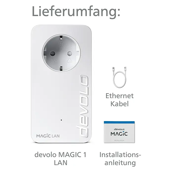 Devolo Erweiterungsadapter Magic 1 LAN - 1 Stk., Datenübertragung: WLAN, Passend für: devolo Magic-Reihe - Lieferumfang des devolo MAGIC 1 LAN: Ein LAN-Adapter, Ethernet-Kabel und Installationsanleitung für eine einfache Einrichtung.