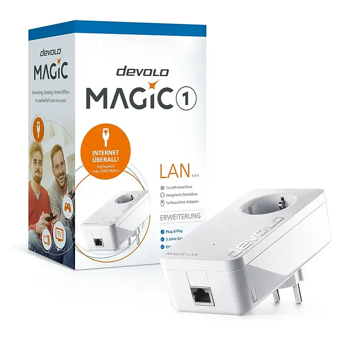 Devolo Erweiterungsadapter Magic 1 LAN - 1 Stk., Datenübertragung: WLAN, Passend für: devolo Magic-Reihe - Produktbild des Devolo Magic 1 LAN Powerline-Adapters, der schnelles Internet über die Stromleitung ermöglicht.