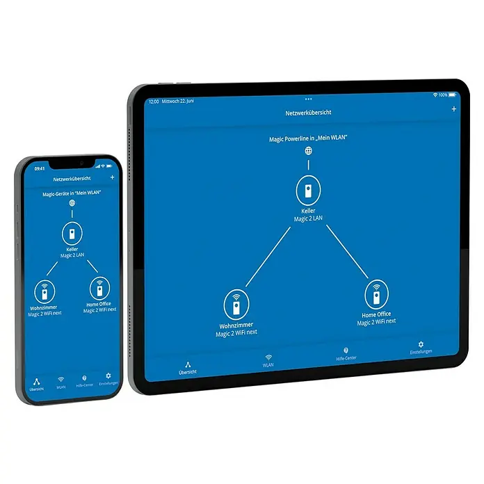 Devolo Erweiterungsadapter Magic 2 WiFi 6 - 1 Stk., Passend für: devolo Magic-Reihe - Smartphone und Tablet zeigen die Netzwerkübersicht der Magic Powerline in "Mein WLAN" mit verbundenen Geräten.
