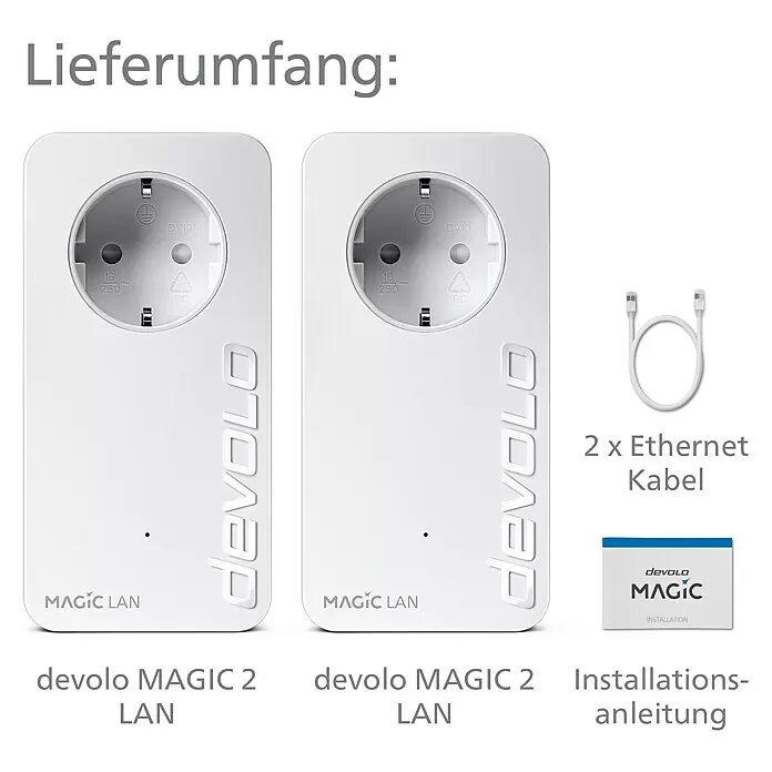 Devolo Starterkit Magic 2 LAN - 2 Stk., Passend für: devolo Magic-Reihe - Zwei weiße devolo Magic 2 LAN Powerline-Adapter mit Steckdose, 2 Ethernet-Kabel und Installationsanleitung.