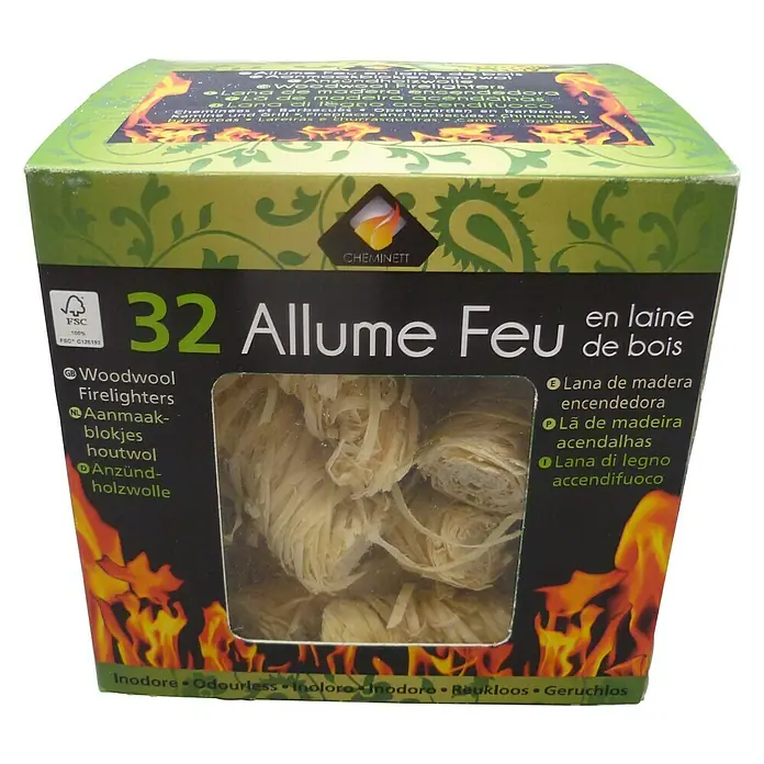 Virutas para encendido fuego de lana - 32 ud. - Caja de 32 encendedores de lana de madera Cheminee, inodoros e ideales para encender chimeneas, estufas y barbacoas.