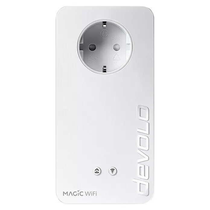 Devolo Erweiterungsadapter Magic 2 WiFi next - 1 Stk., Passend für: devolo Magic-Reihe - Weißer Devolo Magic WiFi Powerline-Adapter mit integrierter Schuko-Steckdose, 16A 250V, und Statusanzeigen.