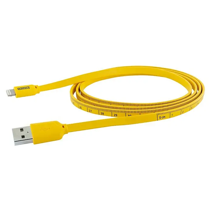 Schwaiger USB-Kabel Sync & Ladekabel mit Maßband - 1,2 m, USB A-Stecker, Lightning-Stecker, Schwarz/Gelb - Gelbes USB-Kabel von Schwaiger mit integriertem Maßbandfunktion, das sowohl praktisch als auch ungewöhnlich ist.