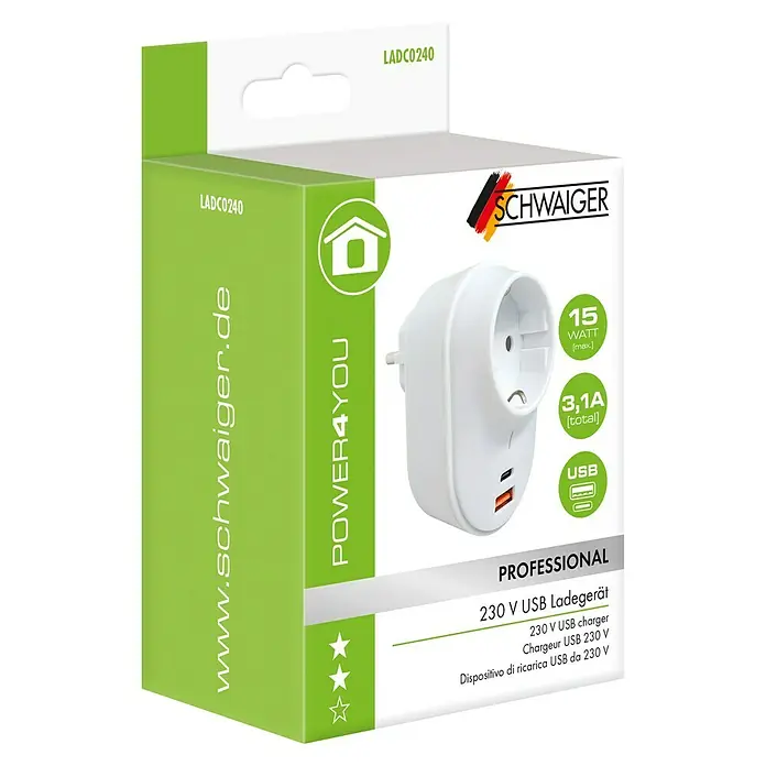 Schwaiger USB-Ladegerät - Weiß, 1 x Schukostecker (Typ F) - Produktverpackung für einen SCHWAIGER 230 V USB-Ladegerät mit USB- und USB-C-Anschlüssen für professionelle Anwendungen.