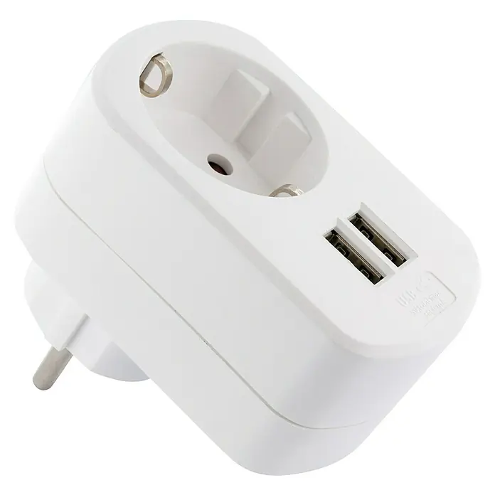 Schwaiger USB-Ladeadapter - USB-A-Buchse (2 Stk.), Eingangsspannung: 230 V - 250 V - Ein weißer Steckdosenadapter mit zwei USB-Anschlüssen, der ideal für das Aufladen verschiedener Geräte ist und eine praktische Lösung bietet.