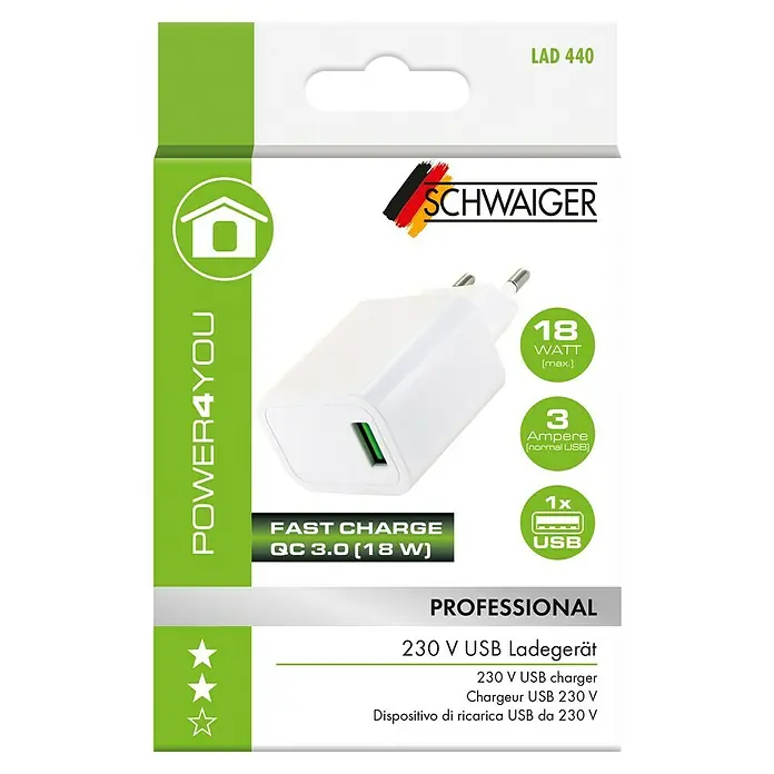 Schwaiger USB-Ladeadapter - A-Buchse - Produktverpackung für ein 18W USB-Ladegerät von Schwaiger mit Schnellladefunktion und 230V Unterstützung.