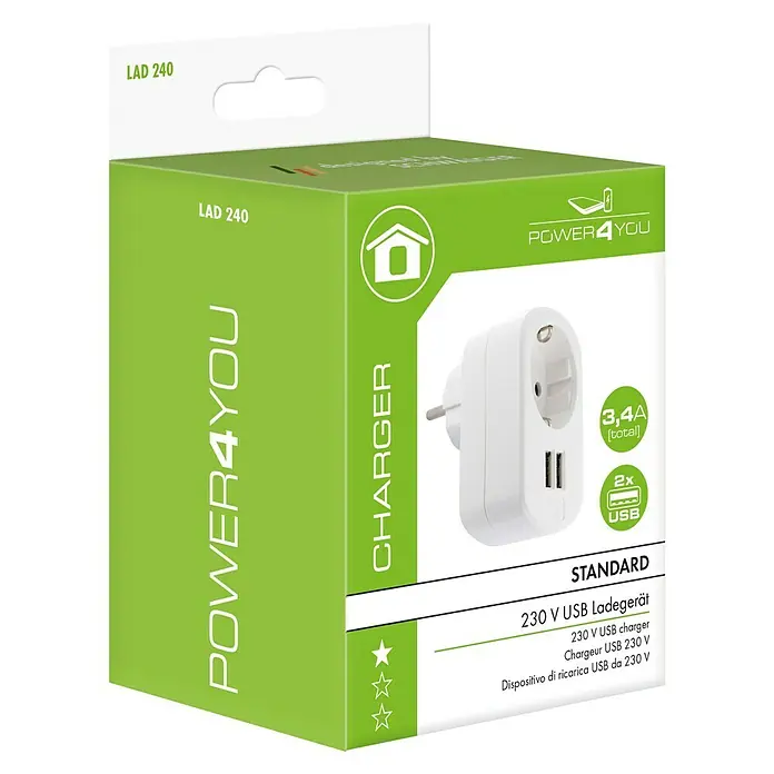 Schwaiger USB-Ladeadapter - USB-A-Buchse (2 Stk.), Eingangsspannung: 230 V - 250 V - Abbildung eines Power4You LAD 240 USB-Ladegeräts. Das Ladegerät hat zwei USB-Anschlüsse und unterstützt 230 V. Es ist in einer grünen Box verpackt.
