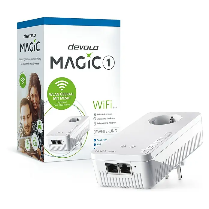 Devolo Erweiterungsadapter Magic 1 WiFi - 1 Stk., Passend für: devolo Magic-Reihe - Produktbild des Devolo Magic 1 WiFi Powerline-Adapters mit Verpackung, für schnelles und stabiles WLAN im ganzen Haus.