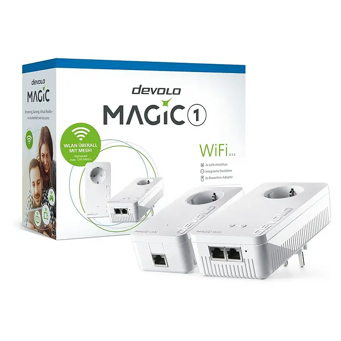 Devolo Starterkit Magic 1 WiFi - 2 Stk., Passend für: devolo Magic-Reihe - Produktfoto des Devolo Magic 1 WiFi Powerline-Adapters mit Verpackung. Ermöglicht schnelles Internet über die Stromleitung im ganzen Haus.