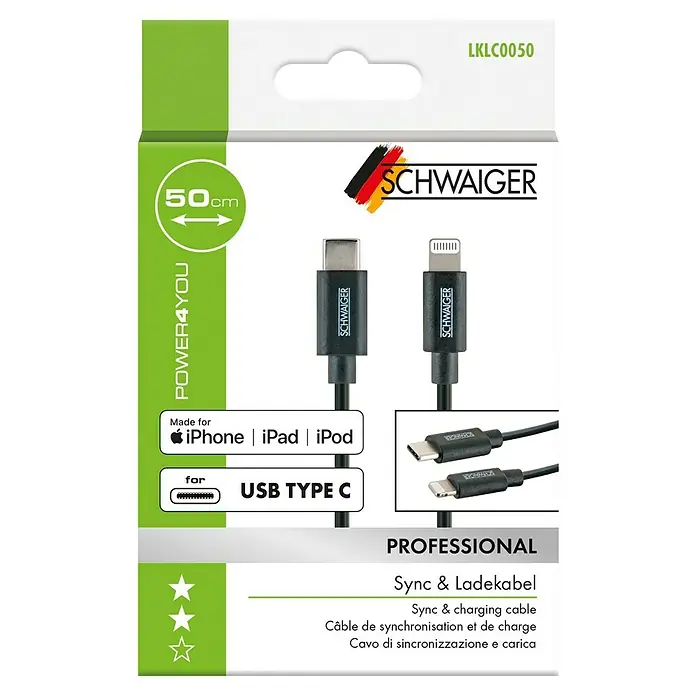 Schwaiger USB-Kabel Lightning - 0,5 m, USB C-Stecker, Schwarz - Verpackung eines SCHWAIGER USB-C auf Lightning-Kabels mit einer Länge von 50 cm, geeignet für iPhone, iPad und iPod.