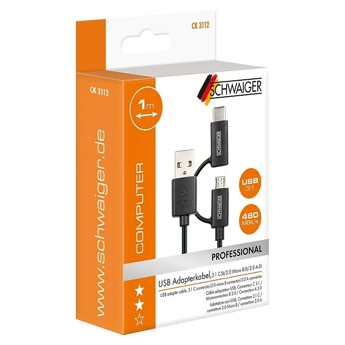 Schwaiger USB-Adapterkabel USB 3.1 C Stecker auf USB 2.0 Micro B Stecker - Schwarz, 1 m - Abbildung einer Verpackung mit einem USB-Adapterkabel 3.1 C-St/2.0 Micro B-St/2.0 A-St von der Firma Schwaiger.