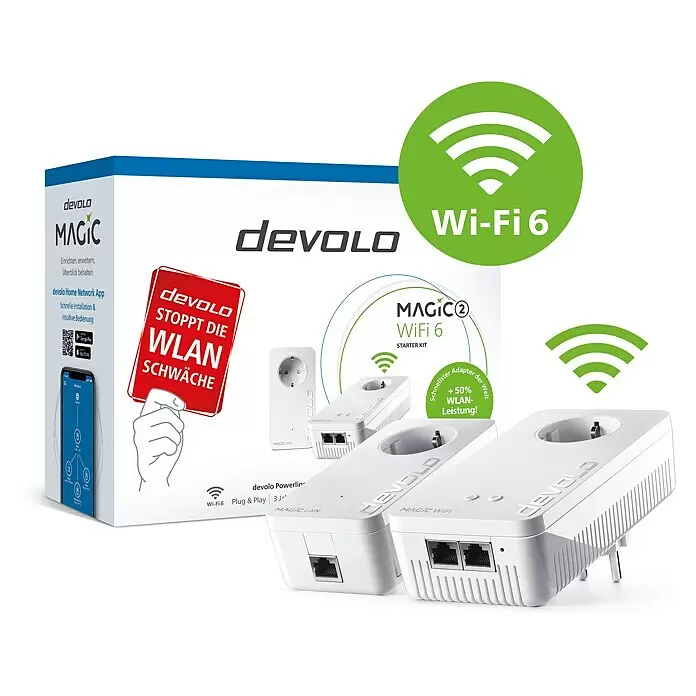 Devolo Starterkit Magic 2 WiFi 6 - 2 Stk., Passend für: devolo Magic-Reihe - Weiße Devolo Magic WiFi 6 Powerline-Adapter und Starterkit-Verpackung, zur WLAN-Erweiterung über Steckdosen.