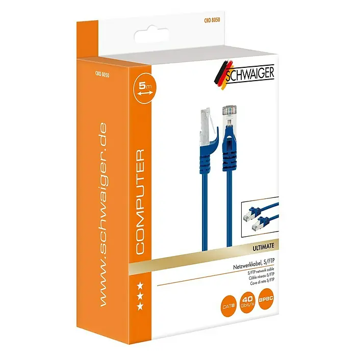 Schwaiger Netzwerk-Kabel CAT 8 (S/FTP) - Länge: 5 m, Blau, RJ45-Stecker, Bis zu 40 Gbit/s - Verpackung eines blauen 5m langen Netzwerkkabels von Schwaiger mit der Bezeichnung Ultimate S/FTP CAT8 für schnelle Datenübertragung.