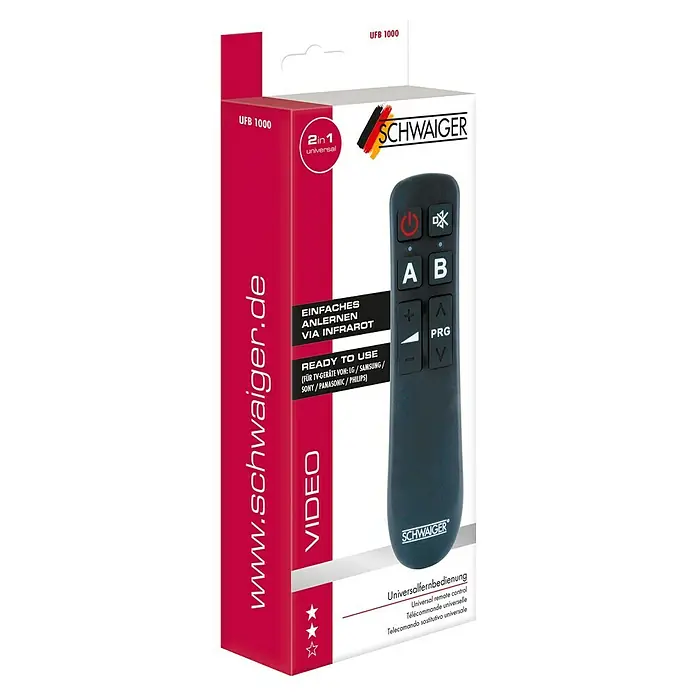 Schwaiger Universal-Fernbedienung Comfort - Schwarz, 30 x 45 x 175 mm, Passend für: TV-Geräte der Marken: LG, Samsung, Sony, Panasonic, Philips - Abbildung der Verpackung einer Universalfernbedienung UFB 1000 von SCHWAIGER, geeignet für verschiedene TV-Geräte.