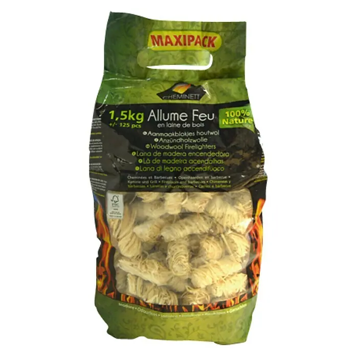 Virutas para encendido fuego de lana - 1.500 g - Bolsa de 1,5 kg de lana de madera CHEMINETT Allume Feu, ideal para encender chimeneas y barbacoas, 100% natural e inodoro.