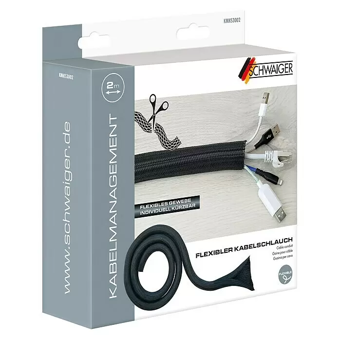 Schwaiger Kabelorganisierer - Schwarz, Länge: 2 m - Schwarzer, flexibler Gewebe-Kabelschlauch zur Kabelorganisation, auf der Verpackung. 2m lang, individuell kürzbar.