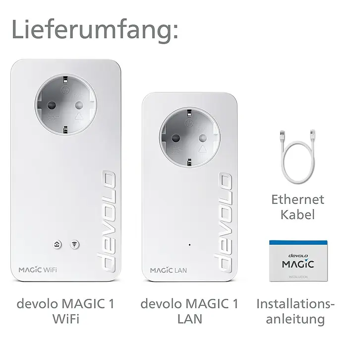 Devolo Starterkit Magic 1 WiFi - 2 Stk., Passend für: devolo Magic-Reihe - Das Bild zeigt den Lieferumfang des devolo MAGIC 1 WiFi und LAN, inklusive Ethernet-Kabel und Installationsanleitung.