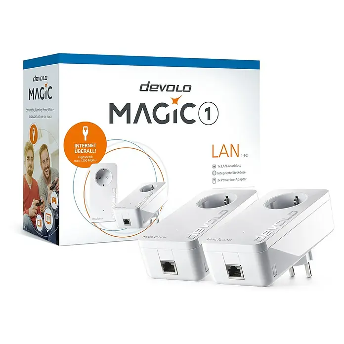 Devolo Starterkit Magic 1 LAN - Datenübertragung: WLAN, 2 Stk., Passend für: devolo Magic-Reihe - Produktansicht des Devolo Magic 1 LAN-Adapters zur Verbesserung der Internetverbindung im ganzen Haus durch Nutzung des Stromnetzes.
