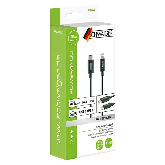 Schwaiger USB-Kabel Lightning - 2 m, USB C-Stecker, Schwarz - Produktverpackung eines SCHWAIGER Sync & Ladekabels. Das Kabel ist für iPhone, iPad und iPod geeignet und hat einen USB Type C Anschluss.