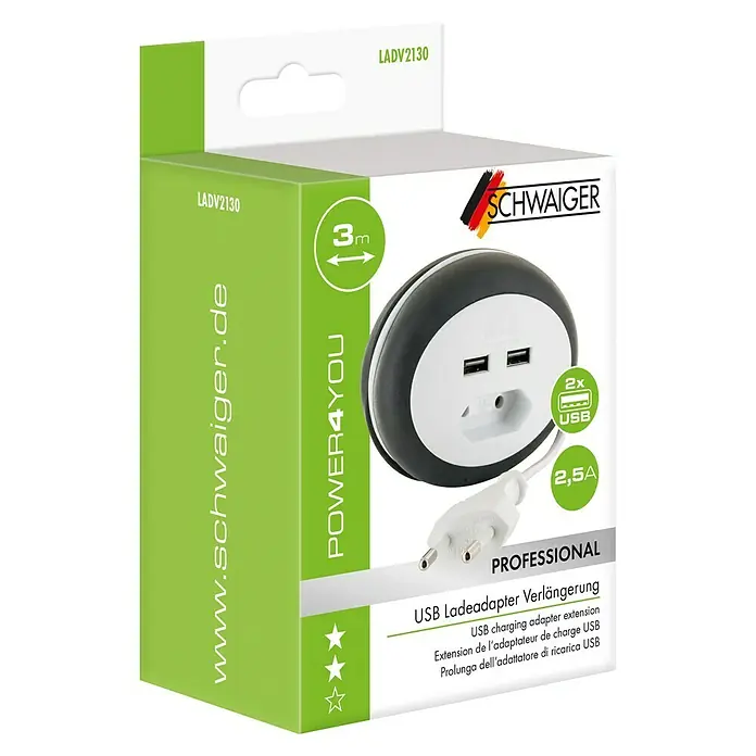 Schwaiger Euro-Verlängerung - USB-A-Buchse (2 Stk.), Weiß, 3 m - Produktverpackung eines Schwaiger USB-Ladeadapters mit 2 USB-Anschlüssen und einer Kabellänge von 3m.