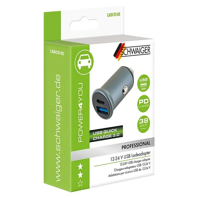 Schwaiger USB-Kfz-Ladegerät - Schwarz, USB-A-Buchse, USB-C-Buchse - Produktverpackung eines 12-24V USB-Ladeadapters der Marke Schwaiger mit USB Quick Charge 3.0 und 38 Watt maximaler Leistung.
