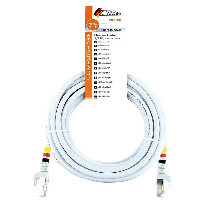 Schwaiger Netzwerk-Kabel CAT7 S/FTP - Länge: 10 m, Weiß, RJ45-Stecker - Abbildung eines weißen 10-Meter-langen SCHWAIGER CKBB7100 S/FTP Netzwerkkabels.