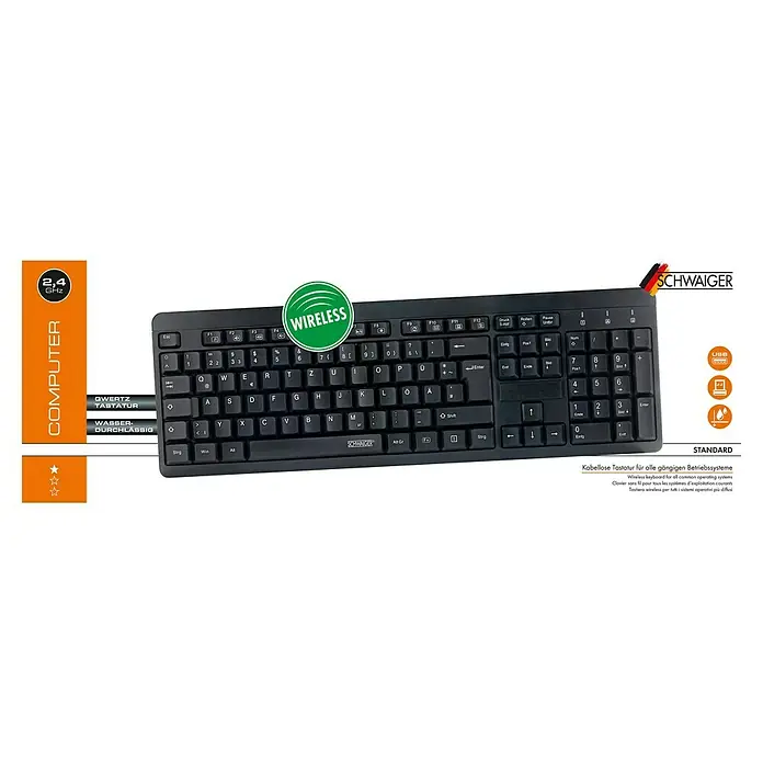 Schwaiger Funk-Tastatur - L x B x H: 14,1 x 43,9 x 2,3 cm, Passend für: Windows® 2000/ XP/ Vista/ Windows® 7/ Windows® 8/ Windows® 10, Schwarz - Eine kabellose SCHWAIGER-Computertastatur mit QWERTZ-Layout, wasserdicht und mit 2,4 GHz-Technologie für zuverlässige Verbindungen.
