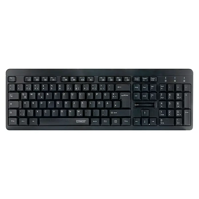 Schwaiger Funk-Tastatur - L x B x H: 14,1 x 43,9 x 2,3 cm, Passend für: Windows® 2000/ XP/ Vista/ Windows® 7/ Windows® 8/ Windows® 10, Schwarz - Schwarze Computertastatur der Marke SCHWAIGER mit Tasten für deutsche Sonderzeichen und einem Nummernblock für komfortable Dateneingabe.