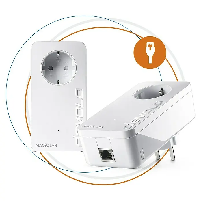 Devolo Starterkit Magic 1 LAN - Datenübertragung: WLAN, 2 Stk., Passend für: devolo Magic-Reihe - Produktbild des Devolo Magic LAN Adapters mit Steckdose und Ethernet-Anschluss für eine zuverlässige Netzwerkverbindung im ganzen Haus.