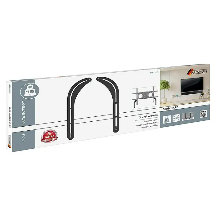 Schwaiger Wandhalter - Schwarz, 166 mm, Belastbarkeit: 15 kg - Produktverpackung einer schwarzen Schwaiger Soundbar-Halterung mit einer Traglast von 15 kg und 5 Jahren Garantie.
