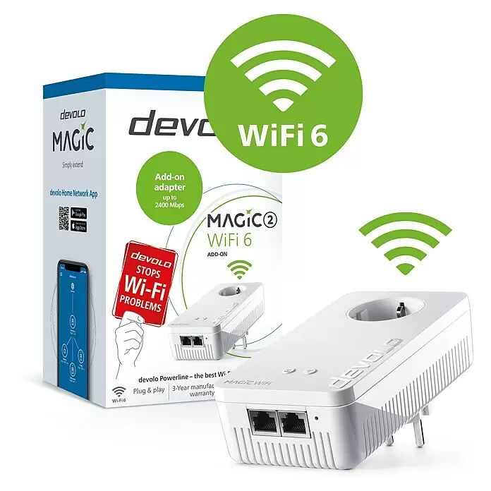 Devolo Erweiterungsadapter Magic 2 WiFi 6 - 1 Stk., Passend für: devolo Magic-Reihe - Weißer devolo Magic 2 WiFi 6 Powerline-Adapter mit Steckdose, zusammen mit seiner Produktverpackung. Erweitert die WLAN-Abdeckung.
