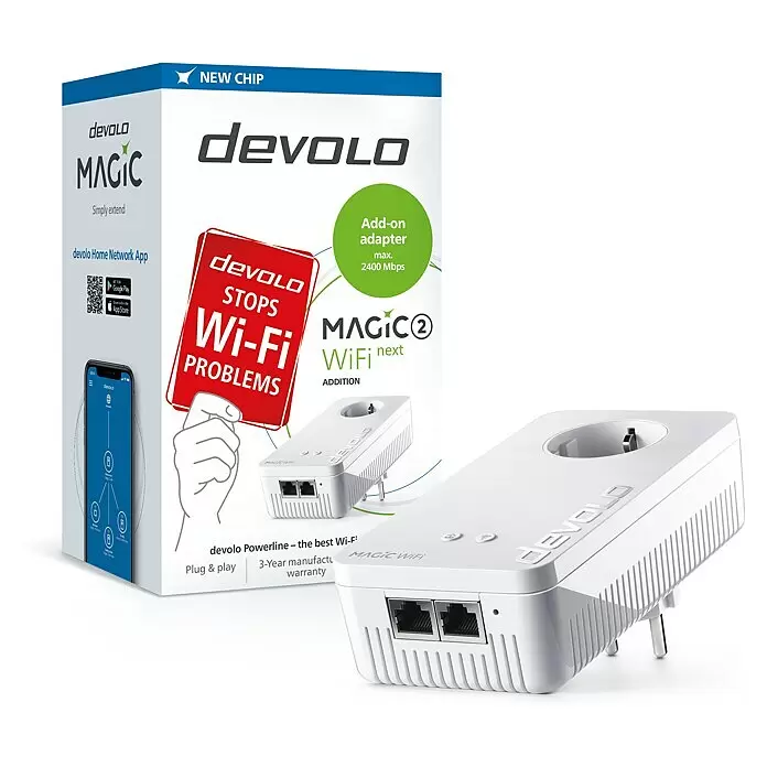 Devolo Erweiterungsadapter Magic 2 WiFi next - 1 Stk., Passend für: devolo Magic-Reihe - Weißer Devolo Magic 2 WiFi next Powerline-Add-on-Adapter mit zwei Ethernet-Ports und integrierter Steckdose zur WLAN-Erweiterung.