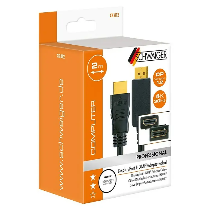 Schwaiger Adapterkabel DisplayPort HDMI - Schwarz, 2 m, Auflösung: 4K (4096 x 2160 Pixel) - Produktverpackung eines schwarzen DisplayPort-HDMI-Adapters von SCHWAIGER. Der Adapter unterstützt 4K und 30Hz.