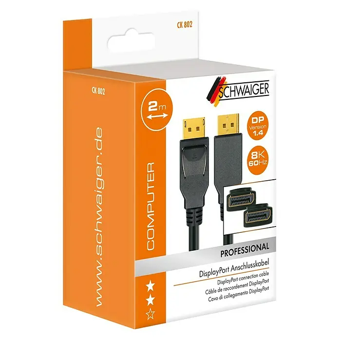 Schwaiger DisplayPort-Kabel - Schwarz, Länge: 2 m - Abbildung der Verpackung eines Schwaiger DisplayPort Anschlusskabels mit einer Länge von 2 Metern und einer Auflösung von 8K bei 60Hz.
