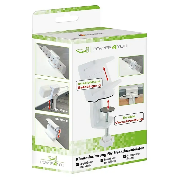Schwaiger Klemmhalter - Passend für: Steckdosenleisten, Länge: 6,2 cm, Weiß - Produktverpackung einer flexiblen Klemmhalterung für Steckdosenleisten, mit ausziehbarer Befestigung und flexibler Verschraubung.