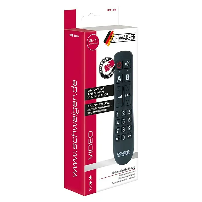 Schwaiger Universal-Fernbedienung Comfort Plus 2in1 - 30 x 45 x 175 mm, Schwarz, Passend für: TV-Geräte der Marken: LG, Samsung, Sony, Panasonic, Philips - Produktverpackung für eine Universalfernbedienung UFB 1100 der Marke SCHWAIGER mit Infrarot-Technologie.