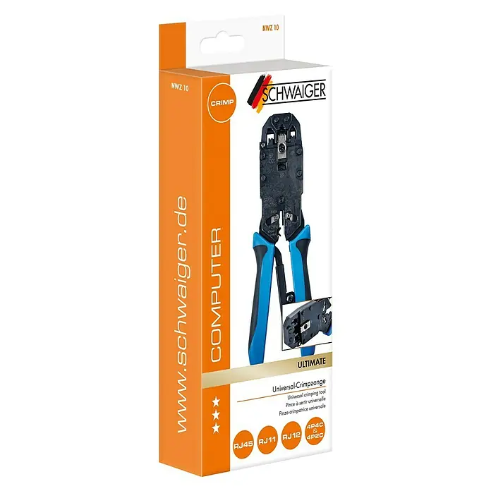 Schwaiger Crimpzange - Schwarz/Blau, Passend für: RJ11, RJ12, RJ45, 4P4C & 4P2C, Material: Metall - Abbildung der Universal-Crimpzange NWZ 10 von Schwaiger zum Crimpen von RJ45-, RJ11-, RJ12- und 4P4C/4P2C-Steckern.