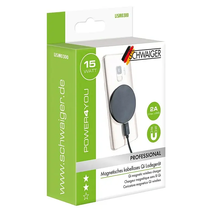 Schwaiger Ladeplatte Magnet Wireless Charger - Durchmesser: 98 mm, 10 W - Abbildung der Verpackung eines magnetischen, kabellosen Qi-Ladegeräts von Schwaiger mit der Modellnummer LISM0300.