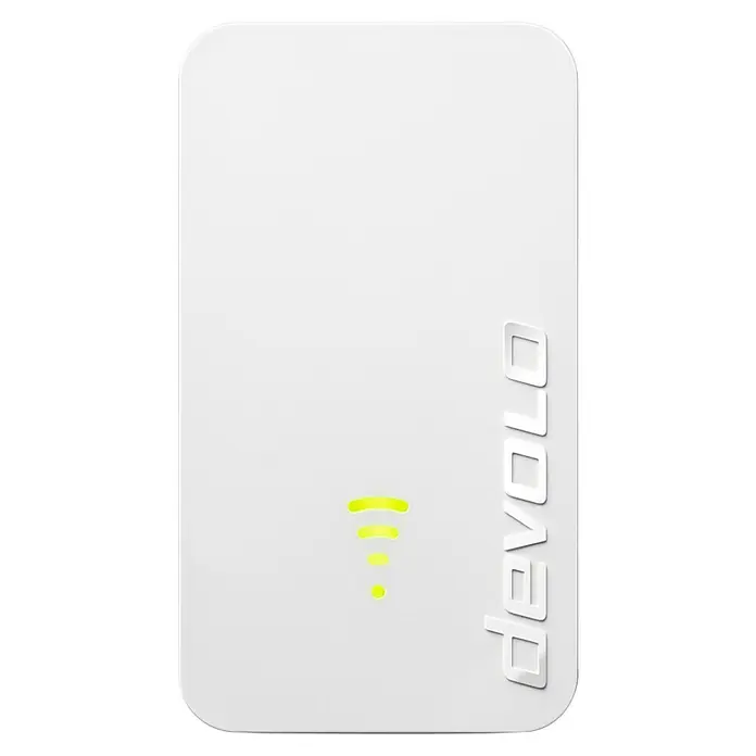 Devolo WLAN-Verstärker WiFi 5 Repeater 1200 - RJ45-Buchse - Ein weißer Devolo WLAN-Verstärker mit einem gelben WLAN-Symbol, das die Verbindung anzeigt. Ideal für eine stabile und schnelle Internetverbindung.